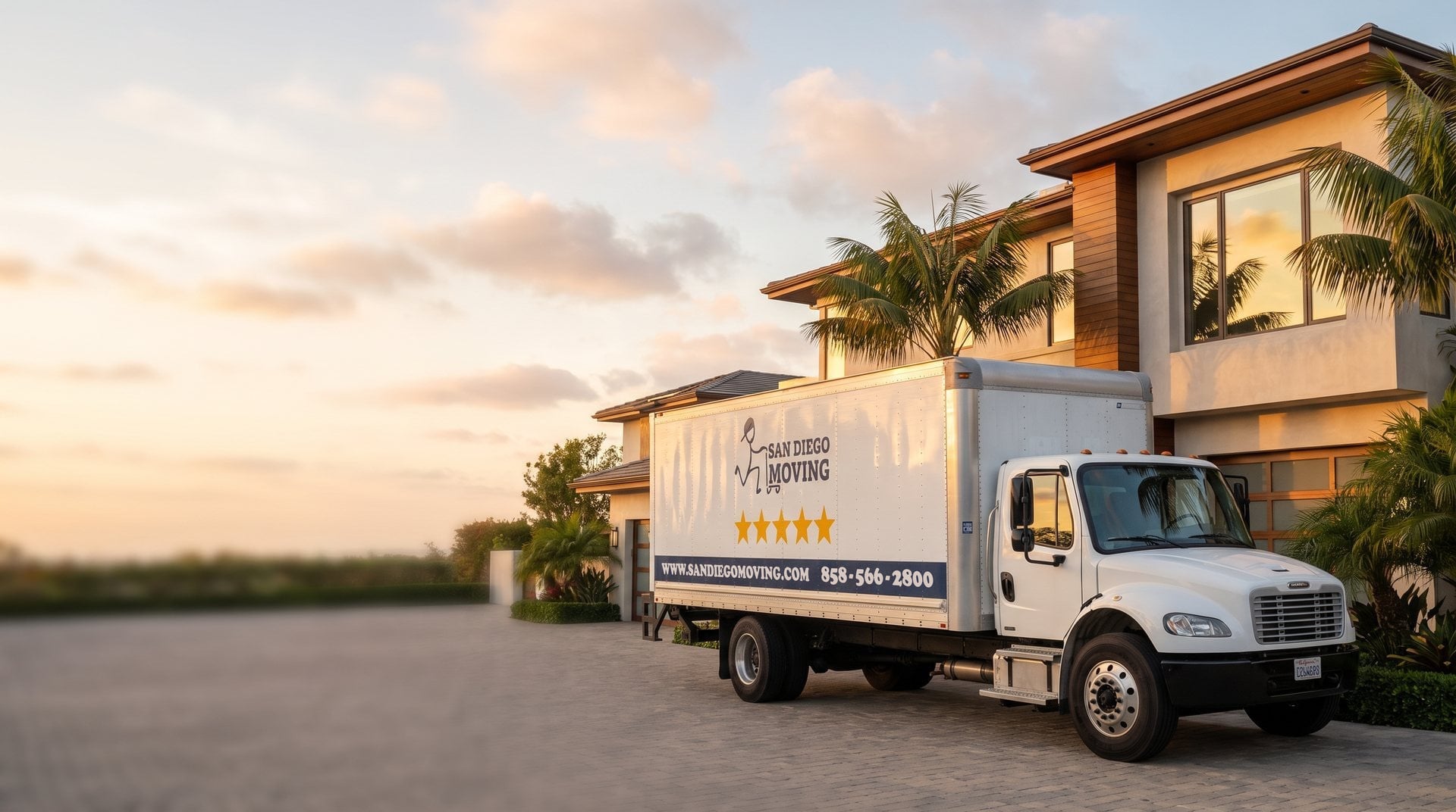 San Diego Moving truck at a coastal home