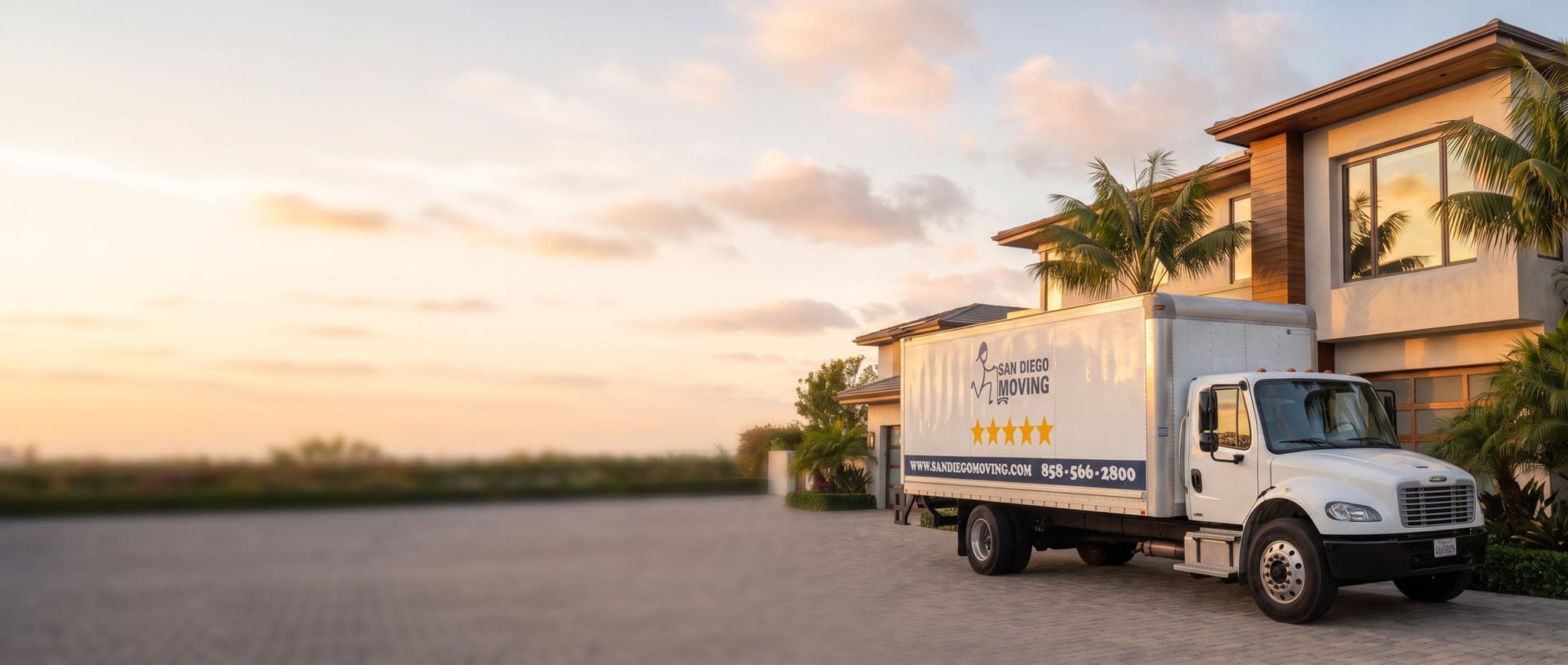 San Diego Moving box truck parked in the driveway of a coastal San Diego home at sunset