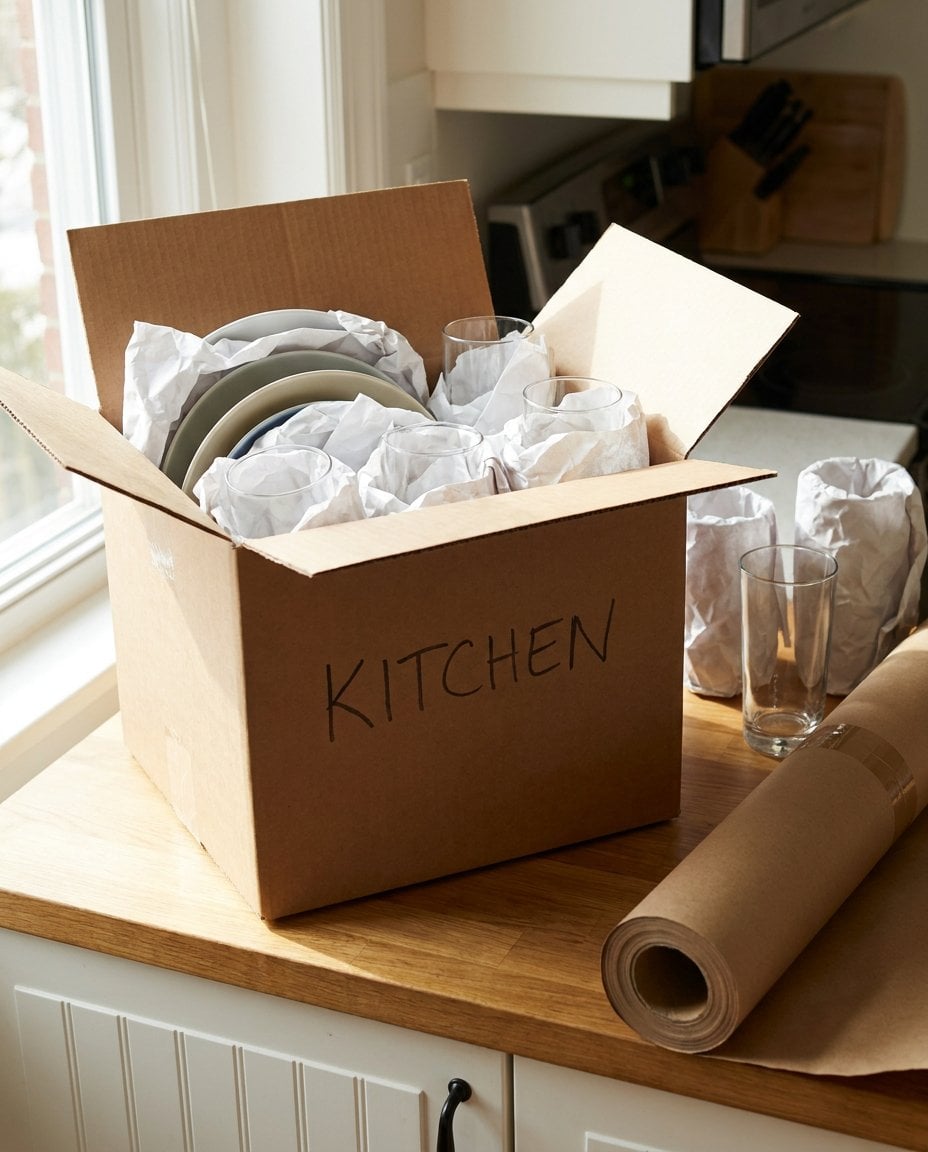Plates and glasses wrapped in packing paper in a moving box labeled Kitchen