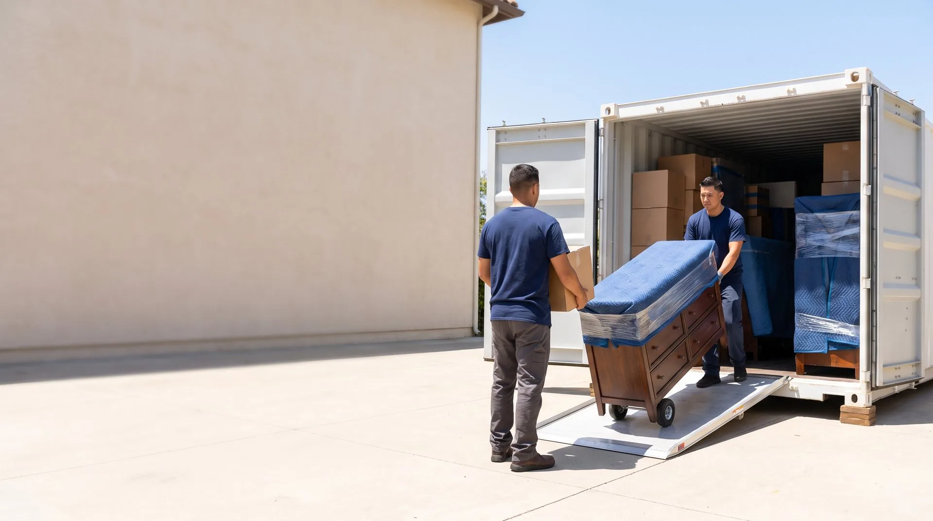Two movers loading a blanket-wrapped dresser into a packed storage container in a driveway